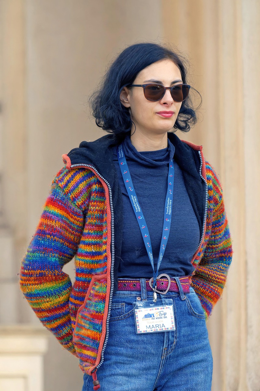 woman, guide, badge, young, girl, standing, outdoors, waiting, lifestyle