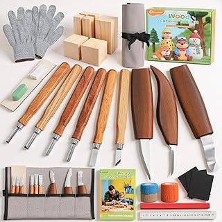 Housolution Kit de Sculpture sur Bois avec Sac de Transport, 29 Pièces Incluant Couteaux, Ciseaux à Bois, Blocs de Tilleul et Gants, Outils de Menuiserie pour Débutants et Loisirs DIY